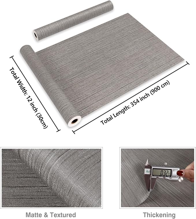 CRE8TIVE Dark Grey Grasscloth Wallpaper Removable Textured Wallpaper Stick and Peel Grasscloth Contact Paper for Cabinets Waterproof Self Adhesive Fabric Wall Paper for Bathroom Bedroom Walls 12"x354"