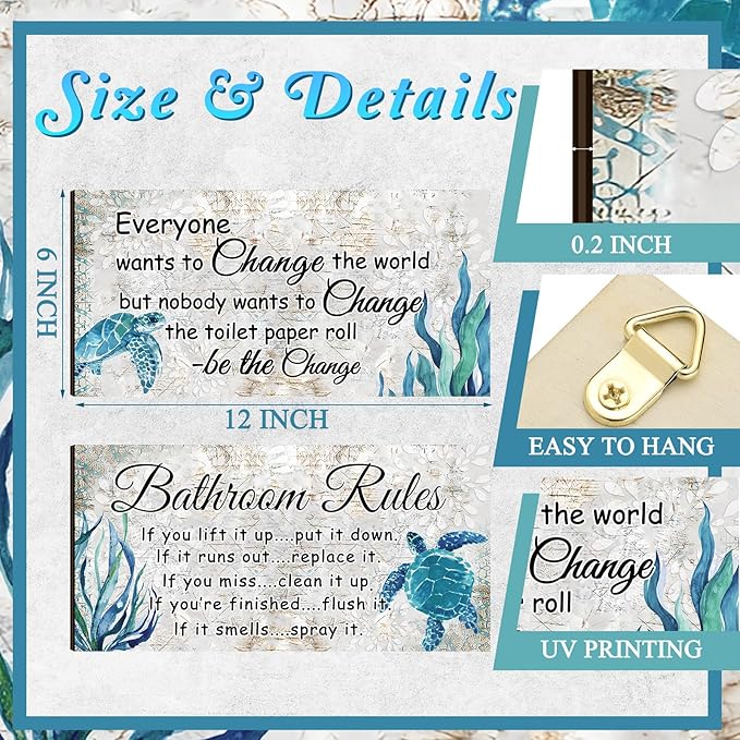 Jetec 2 Pieces Funny Bathroom Signs Bathroom Wall Decor Toilet Wall Accessories Farmhouse Toilet Rustic Wooden Signs, 12x6 Inch(Sea Turtles Style)
