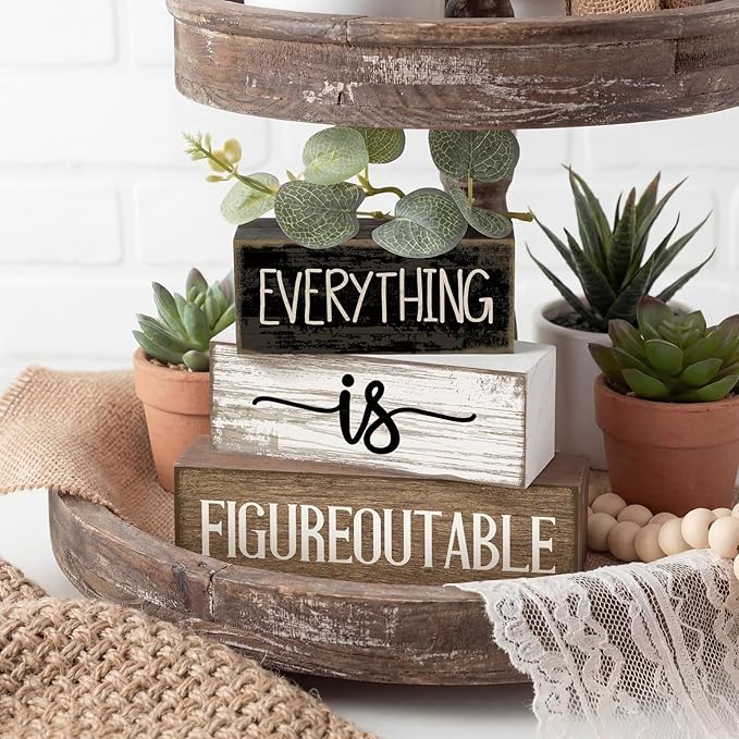 4 Pcs Inspirational Farmhouse Table Decor Everything Is Figureoutable Stacked Wooden Block Signs with Inspirational Quote Eucalyptus Leaves for Home, Living Room, Shelf Housewarming Gift