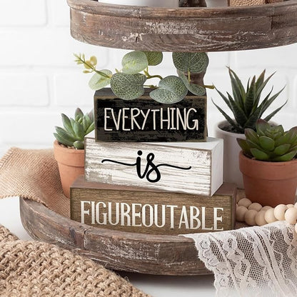 4 Pcs Inspirational Farmhouse Table Decor Everything Is Figureoutable Stacked Wooden Block Signs with Inspirational Quote Eucalyptus Leaves for Home, Living Room, Shelf Housewarming Gift