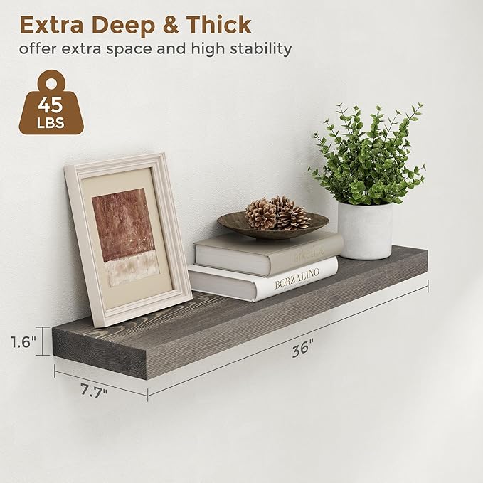Marsmiles Floating Shelves for Wall - 36 Inch Grey Wood Floating Shelves Set of 2-36 Inch Wide x 7.7 Inch Deep x 1.6 Inch Thick Rustic Wooden Shelves for Room Wall