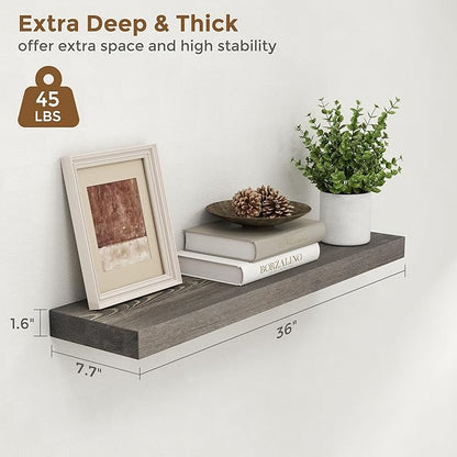 Marsmiles Floating Shelves for Wall - 36 Inch Grey Wood Floating Shelves Set of 2-36 Inch Wide x 7.7 Inch Deep x 1.6 Inch Thick Rustic Wooden Shelves for Room Wall