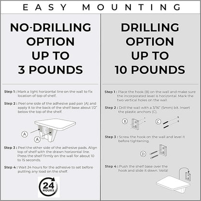 White Small Floating Shelf Set of 2 - for Wall with No Drill Option [ Adhesive ]