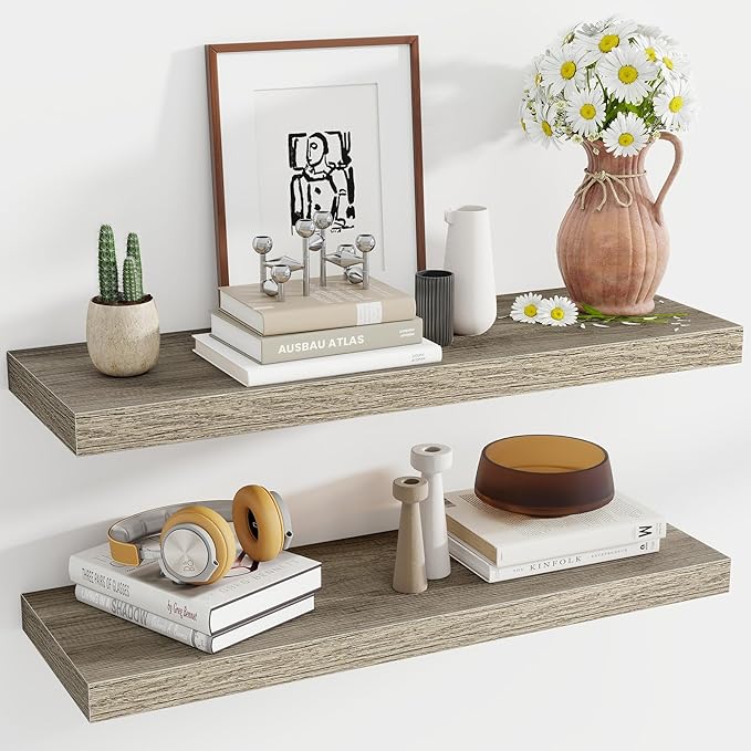 36 Inch Floating Shelves, 12 Inch Deep Floating Shelves for Wall, Floating Shelf with Invisible Brackets, Deep Shelves for Bathroom, Bedroom, Living Room, 2 Pack, Vintage Gray Oak