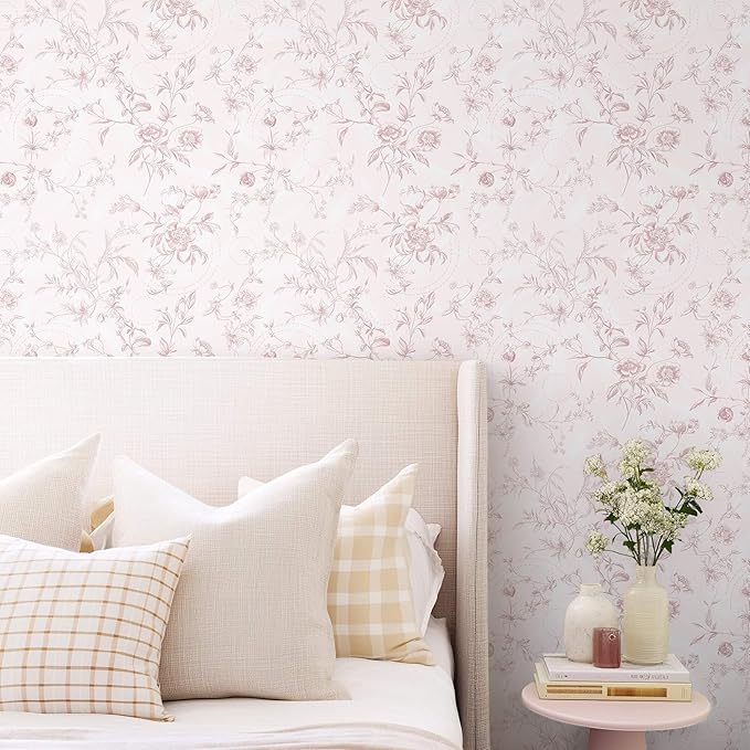 Ismoon Floral Wallpaper Peel and Stick Pink Stick on Wall Paper Vintage French Contact Paper for Cabinet Textured Removable Self Adhesive Wallpaper Vinyl Roll Shelf Deco, 17.3x393in