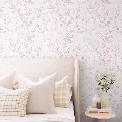 Ismoon Floral Wallpaper Peel and Stick Pink Stick on Wall Paper Vintage French Contact Paper for Cabinet Textured Removable Self Adhesive Wallpaper Vinyl Roll Shelf Deco, 17.3x393in