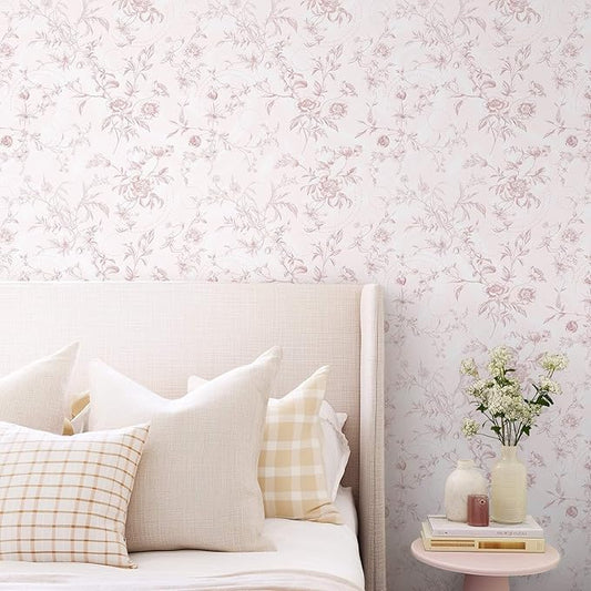 Ismoon Floral Wallpaper Peel and Stick Pink Stick on Wall Paper Vintage French Contact Paper for Cabinet Textured Removable Self Adhesive Wallpaper Vinyl Roll Shelf Deco, 17.3x393in