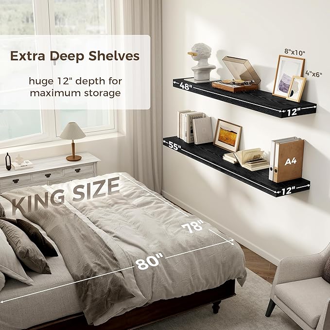 Black Floating Shelves 55 Inch Long, 12 Inch Deep Floating Shelves for Wall, 55 x 9 Large Floating Shelf for Fireplace Mantel, 2