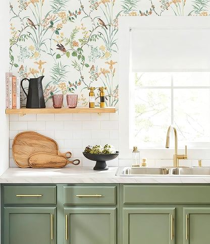 Erfoni 16.9" x118" Boho Floral Peel and Stick Wallpaper Colorful Floral and Birds Contact Paper DIY Self Adhesive Removable Wallpaper for Bedroom Cabinet Decor Modern Flower Leaf Wall Paper Vinyl Roll