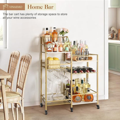 VINAEMO Gold Bar Cart With Wine Glass Holder, Stand for Home, Small Mini Bar for Whiskey Wine, Liquor Cart, Alcohol Cabinet for Kitchen, Dining Room