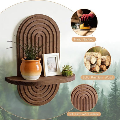 Set of 2 Boho Arched Floating Shelves 15.7”x 7.8”3D Wooden Hanging Shelf for Living Room Bedroom Nursery Mid Century Modern Wall Decor(Dark Brown, 11.7 * 15.7)