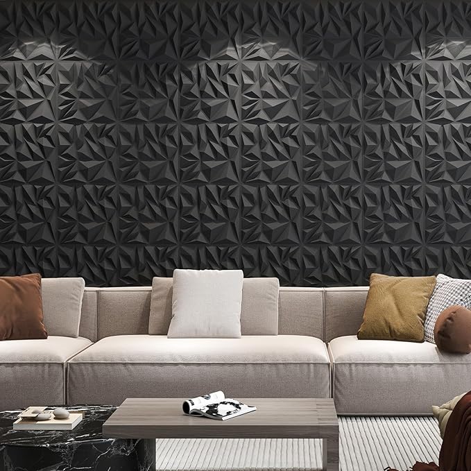Art3d 50-Pack 3D Wall Panels for Interior Wall Decor, Modern Diamond Textured Accent Wall Paneling for Gaming Living Room TV Wall Background, 12 x 12 inch Black