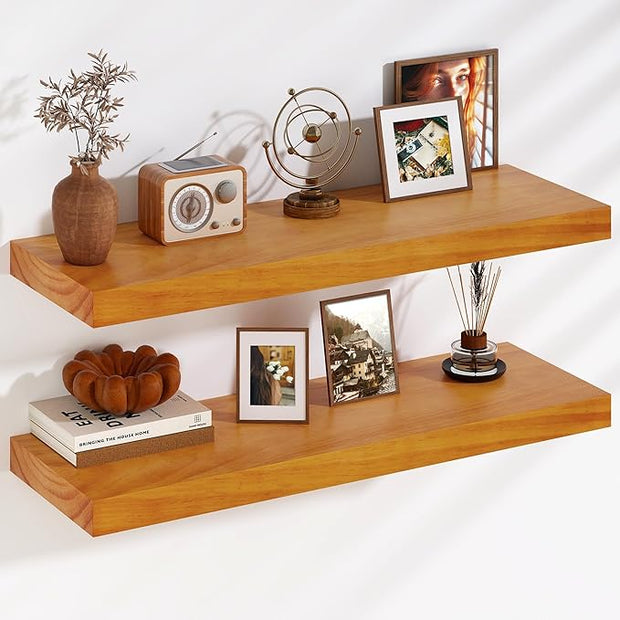 Fun Memories Floating Shelves, 9.3'' Deep Solid Pine Wood Wall Shelves for Storage, Wall Mounted Display Shelf with Invisible Heavy-Duty Metal Bracket, 36'' Width Set of 2, Honey Oak
