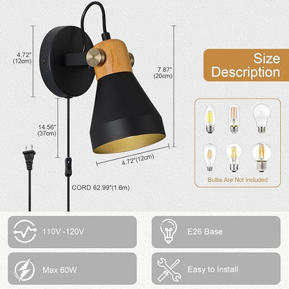 Modern Plug-in Wall Sconces - Adjustable Reading Light with Real Wood Accent, Matte Black Wall Lamp for Bedroom, Living Room, Apartment, Home Office