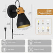 Modern Plug-in Wall Sconces - Adjustable Reading Light with Real Wood Accent, Matte Black Wall Lamp for Bedroom, Living Room, Apartment, Home Office