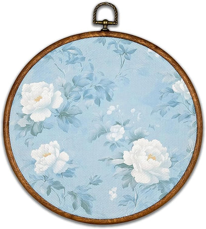 KSDUT Retro Aesthetic White Floral Wall Art Decor - Botanical Neutral Mid Century Modern Blue Wall Art Canvas Frame Hanging Prints, Vintage Landscape Round Wall Art Decor for Home Decorations 10"x10"