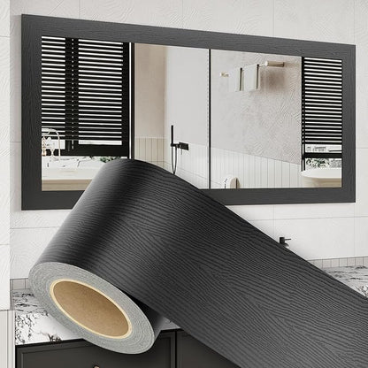 10M Peel and Stick Wallpaper Borders 390” x 4” Self Adhesive Mirror Frame Border Wood Grain DIY for Kitchen Bathroom Mirror Removal Border Sticker Wall Decor Cover 10.8 Sq.Ft, Black Wood