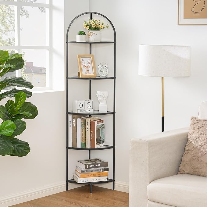 Homhedy 5-Tier Corner Shelf Stand, Metal Corner Bookshelf, Tempered Glass Shelves, Bathroom Storage Rack Shelf, Plant Stand, Modern Style, Black