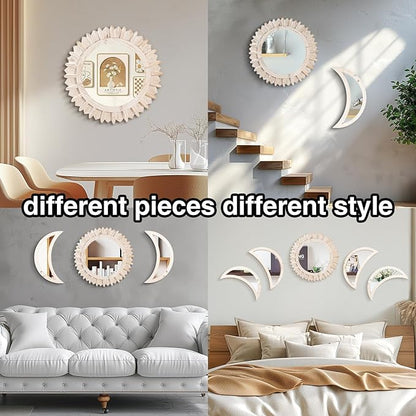 WAKOSAN Wall Mirror, Moon Phase Mirror Set, Wall Decor for Bedroom, Bohemian 5PCS Wooden and Real Glass Mirror with Crystal Clear Reflection, Boho Decor, Multi-Angle Installation (White)