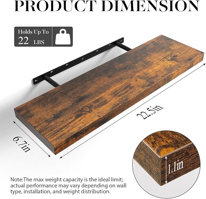 BAYKA Floating Shelves for Wall, 22.5 Inch Rustic Wood Wall Mounted Shelving for Bathroom, Bedroom, Living Room, Kitchen & Book, Hanging Display Decor Shelf with 22 lbs (Rustic Brown,Set of 3)