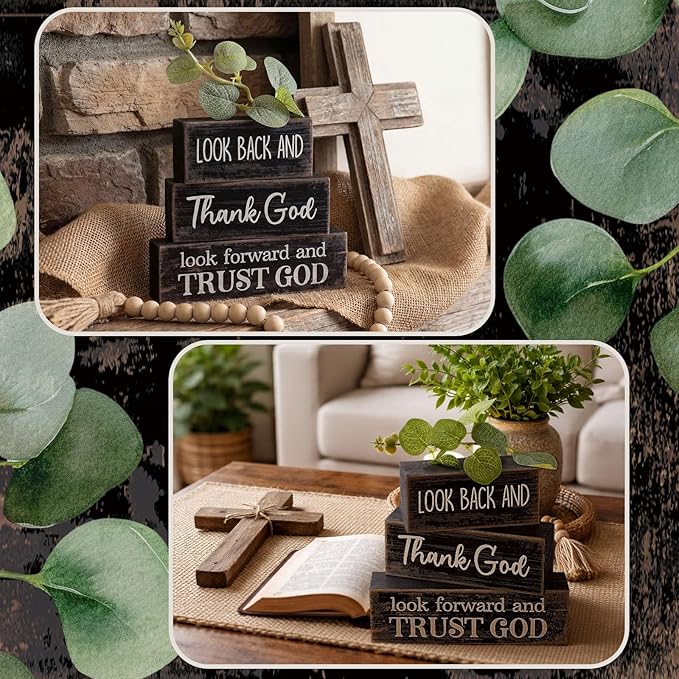 4 Pcs Christian Table Decor Inspirational Gifts for Women Look Back and Thank God Look Forward and Trust God Wooden Block Signs Farmhouse Christian Centerpiece for Mother's Day Home Office