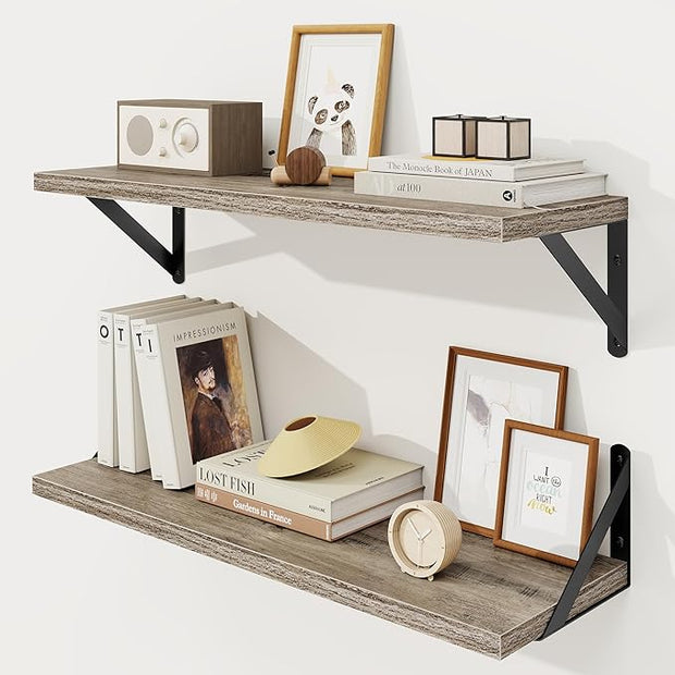 Floating Shelves, 8 Inch Deep Rustic Wood Wall Storage, 24W x 8D Wall Shelves Set of 2, Heavy Duty Metal Brackets, Industrial Book Shelf for Living Room, Kitchen, Bathroom, Bedroom, Grey