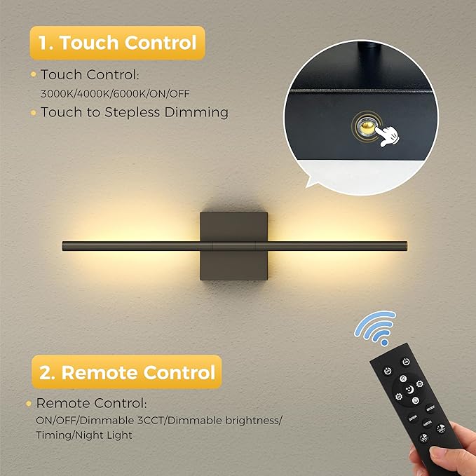 L LOHAS LED Battery Operated Wall Sconces Set of 2, Battery Wall Sconce 10000mAh, Black Rechargeable Sconces 3CCT, 23.7 Inch Wireless Wall Lights, Sconce Wall Decor for Bedroom, Living Room