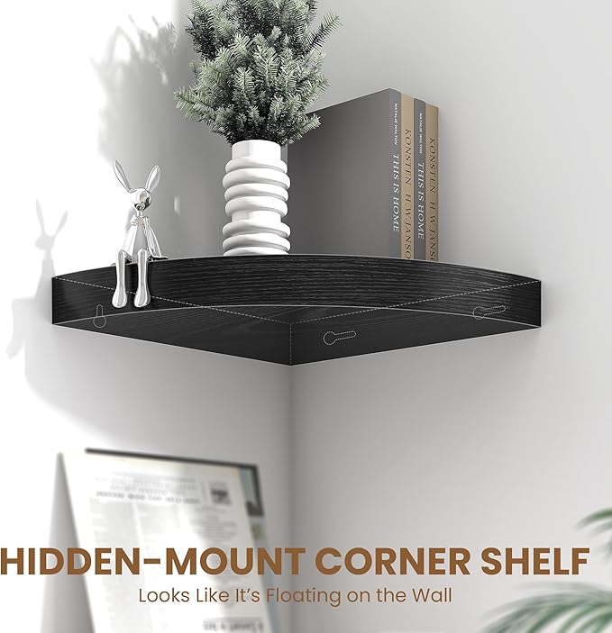 Fun Memories Floating Corner Shelves Set of 2 - Rustic Wood Wall Mounted Storage and Display Shelves for Living Room, Bedroom, Kitchen, Bathroom - Space Saving Home Decor, Black