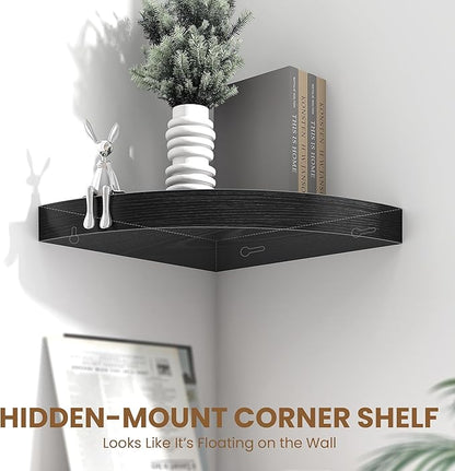 Fun Memories Floating Corner Shelves Set of 2 - Rustic Wood Wall Mounted Storage and Display Shelves for Living Room, Bedroom, Kitchen, Bathroom - Space Saving Home Decor, Black