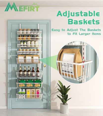 Over The Door Pantry Organizer, Pantry Organization and Storage, 8-Tier Deep Baskets Hanging Heavy-Duty Metal, Wall Spice Rack Seasoning Shelves for Home & Kitchen, Laundry Room Bathroom, White