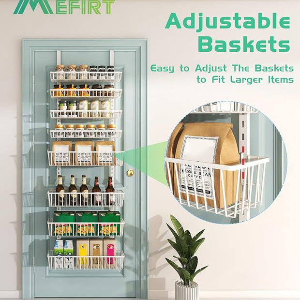 Over The Door Pantry Organizer, Pantry Organization and Storage, 8-Tier Deep Baskets Hanging Heavy-Duty Metal, Wall Spice Rack Seasoning Shelves for Home & Kitchen, Laundry Room Bathroom, White