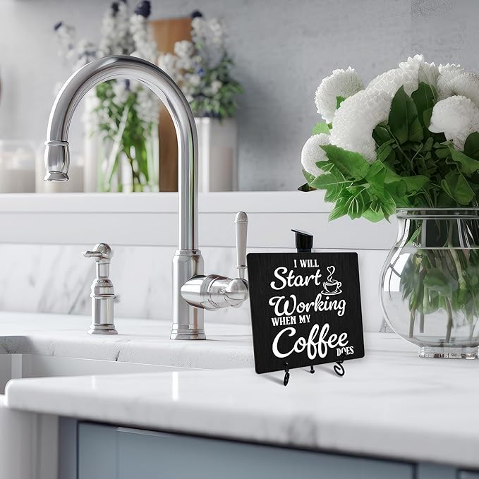 Coffee Sign Desk Decor, I Will Start Working When My Coffee Does Sign With Iron Stand, Wood Plaque For Farmhouse Home Kitchen Cafe Bar -05