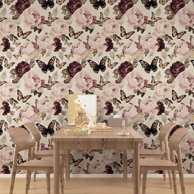 Butterfly Floral Wallpaper Peel and Stick, Vintage Beige/Pink Contact Paper 17.5" x 393", Boho Flower Wall Paper Self Adhesive Waterproof Removable for Bathroom Shelves Cabinet Drawer Table Decor