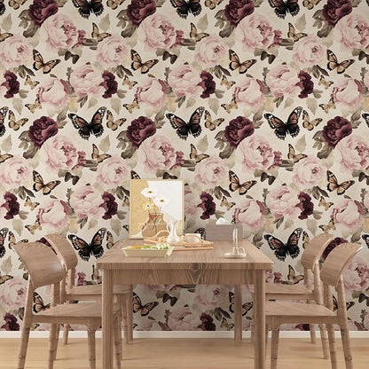 Butterfly Floral Wallpaper Peel and Stick, Vintage Beige/Pink Contact Paper 17.5" x 393", Boho Flower Wall Paper Self Adhesive Waterproof Removable for Bathroom Shelves Cabinet Drawer Table Decor