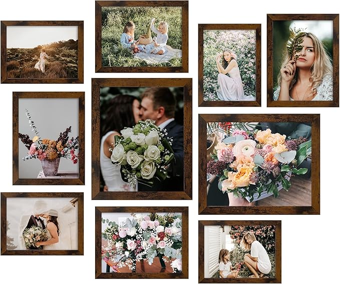 LUCKYLIFE Picture Frame Set 10-Pack, Gallery Wall Frame Collage with 8x10 5x7 4x6 Frames in Yellow Brown Finishes