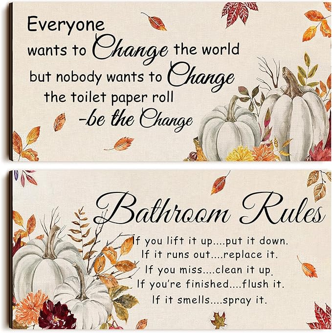 Jetec 2 Pieces Funny Bathroom Signs Bathroom Wall Decor Toilet Wall Accessories Farmhouse Toilet Rustic Wooden Signs, 12x6 Inch(Fall Style)