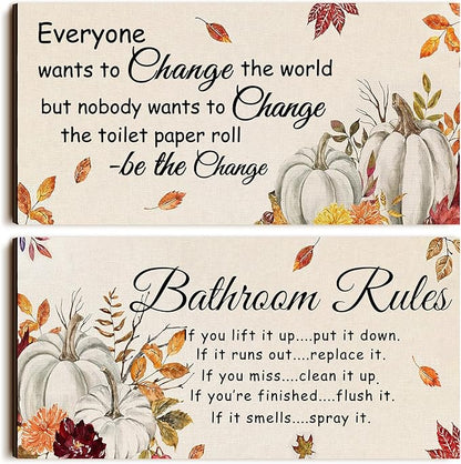 Jetec 2 Pieces Funny Bathroom Signs Bathroom Wall Decor Toilet Wall Accessories Farmhouse Toilet Rustic Wooden Signs, 12x6 Inch(Fall Style)
