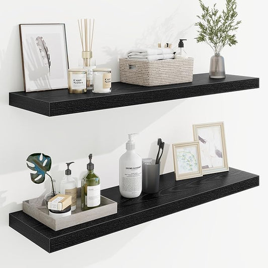 36in Floating Shelves for Wall, 36"W x 9.25"D x 1.25"H, 2 Pack Long Wall Mounted Engineered Wood Shelves with Invisible Brackets for Living Room, Bedroom, Bathroom, Kitchen Decor and Storage, Black