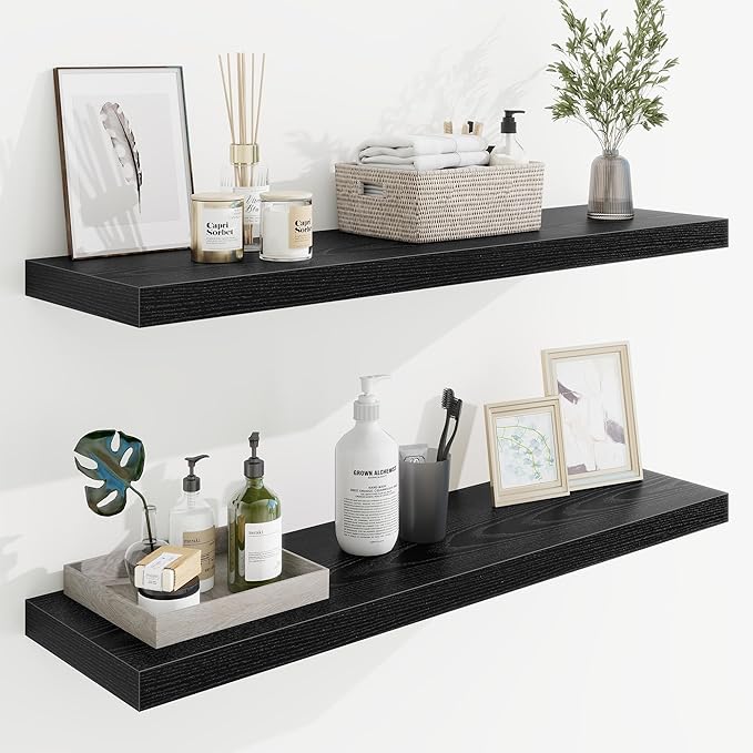 36in Floating Shelves for Wall, 36"W x 9.25"D x 1.25"H, 2 Pack Long Wall Mounted Engineered Wood Shelves with Invisible Brackets for Living Room, Bedroom, Bathroom, Kitchen Decor and Storage, Black