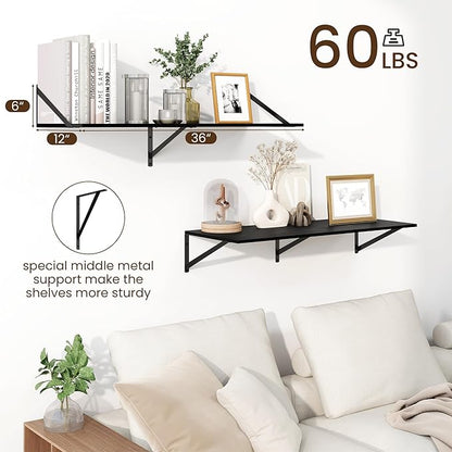 Fun Memories Floating Shelves for Wall, 12 Inch Deep Floating Shelves Set of 2, 36W x 12D Large Wall Shelf with Sturdy Metal Brackets for Living Room, Bathroom, Bedroom and Kitchen, Black