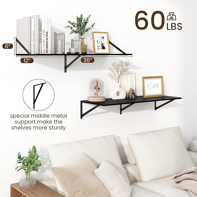 Fun Memories Floating Shelves for Wall, 12 Inch Deep Floating Shelves Set of 2, 36W x 12D Large Wall Shelf with Sturdy Metal Brackets for Living Room, Bathroom, Bedroom and Kitchen, Black