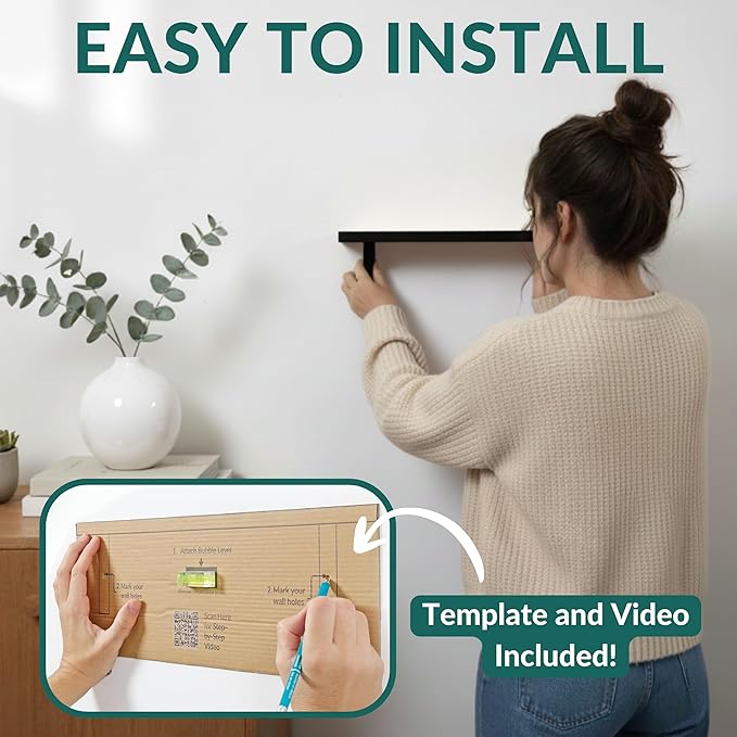 Real Wood Black Shelves for Wall - 17 inch (3 Pack) - Easy to Install, Template and Video Included - Black Wall Shelf, Mounted Wall Shelves, Bedroom Shelves