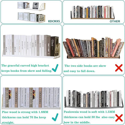 Gold White Shelves Pine Wood 23.5×7.87 Inch Book Shelf for Wall with Elegant Lines,Gold Floating Shelves,Floating Shelves for Wall,White Floating Bookshelf Set of 2.
