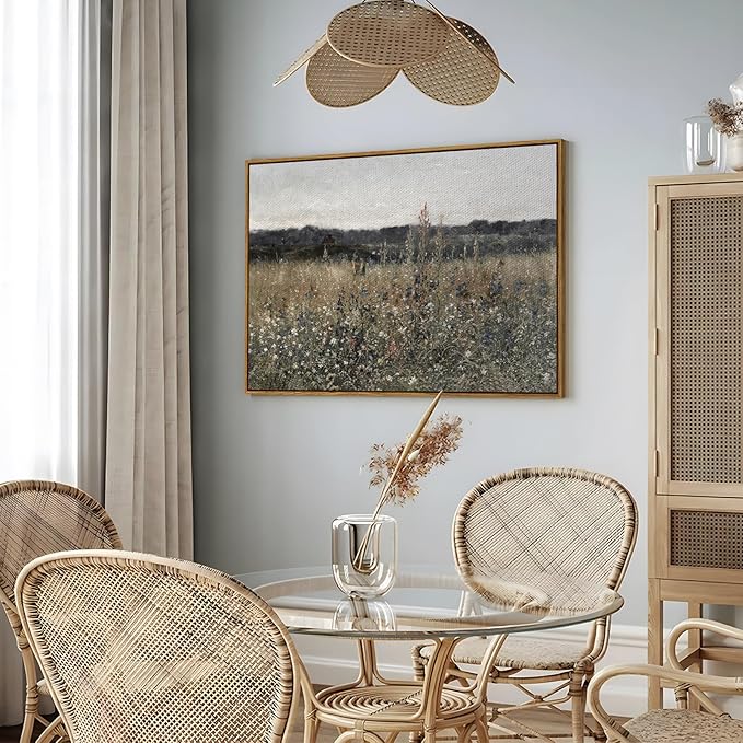 InSimSea Framed Canvas Wall Art Vintage Decor, Landscape Wall Art, Meadow with Flowers Art, Modern Farmhouse Decor, Cottagecore Bedroom Bathroom Office Decorations, 24