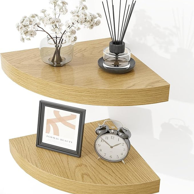 Fun Memories Floating Corner Shelves Set of 2 - Rustic Wood Wall Mounted Storage and Display Shelves for Living Room, Bedroom, Kitchen, Bathroom - Space Saving Home Decor, Oak