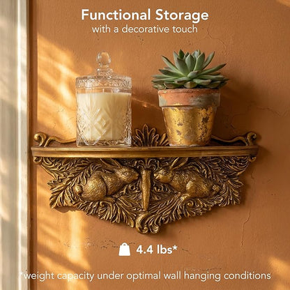 American Art Decor Vintage Ornate Resin Rabbits & Carrot Manor Floating Wall Mounted Shelf in Antique Gold - Rococo Baroque Shabby Chic Ledge for Small Displays