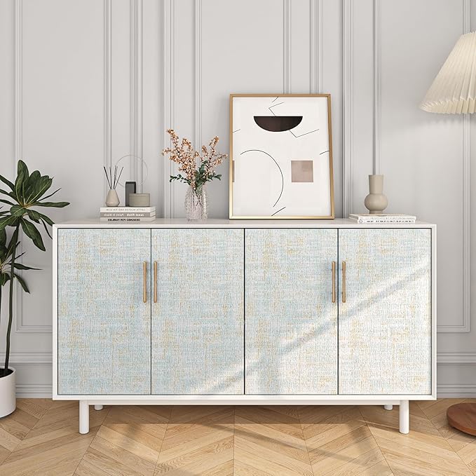FunStick 24"x200" Blue and Gold Grasscloth Peel and Stick Wallpaper Textured Blue Wall Paper Peel and Stick Modern Bedroom Wall Decor Self Adhesive Vinyl Contact Paper for Kitchen Cabinets Shelves