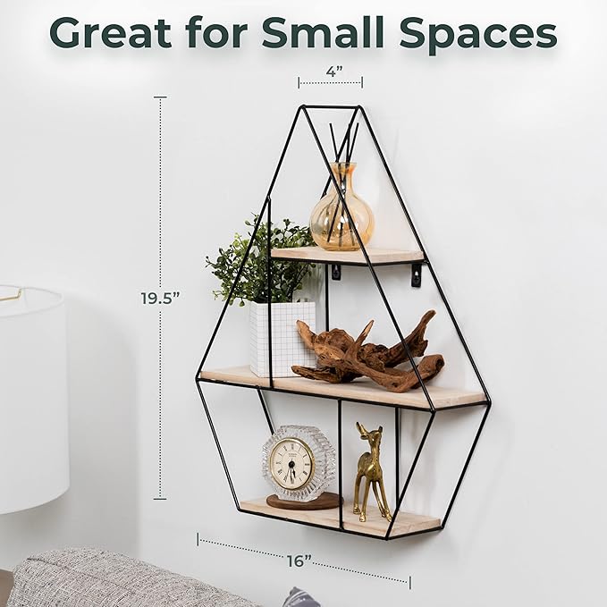 Greenco Geometric Diamond Gem Shaped Mounted Floating Shelves, Home Decor, Metal Wire and Rustic Wood Wall Storage Shelves for Bedroom, Living Room, Bathroom, Kitchen, Office