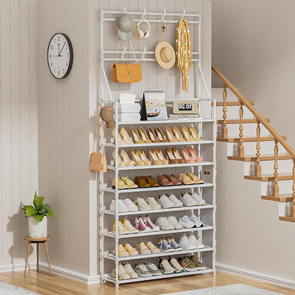 OYREL Shoe Rack 8 Tier Large Shoe Organizer Storage 32-40 Pairs Metal Shoe Storage Rack with Hooks and Side Pocket for Entrance Entryway Closet Shoe Shelf Holder