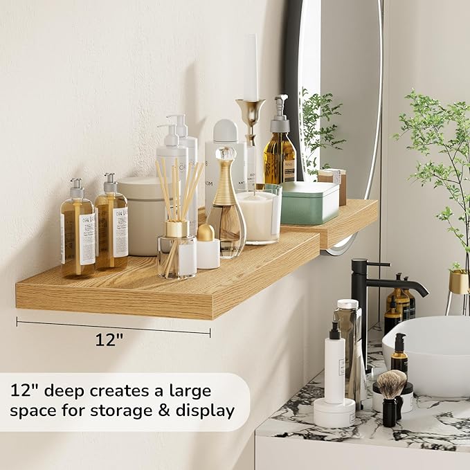 Fun Memories Floating Shelves - 2 Pack 12 Inch Deep Rustic Wooden Wall Shelves - Extra Deeper & Thicker Wall Mounted Storage Shelf for Living Room, Kitchen, Farmhouse - 24